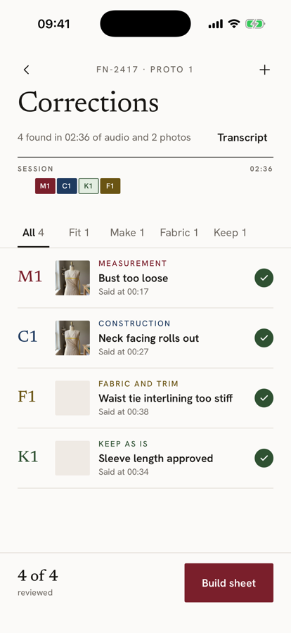 The Corrections screen in Baste: four corrections found in 2 minutes 36 seconds of audio, coded M1, C1, F1 and K1, all reviewed.