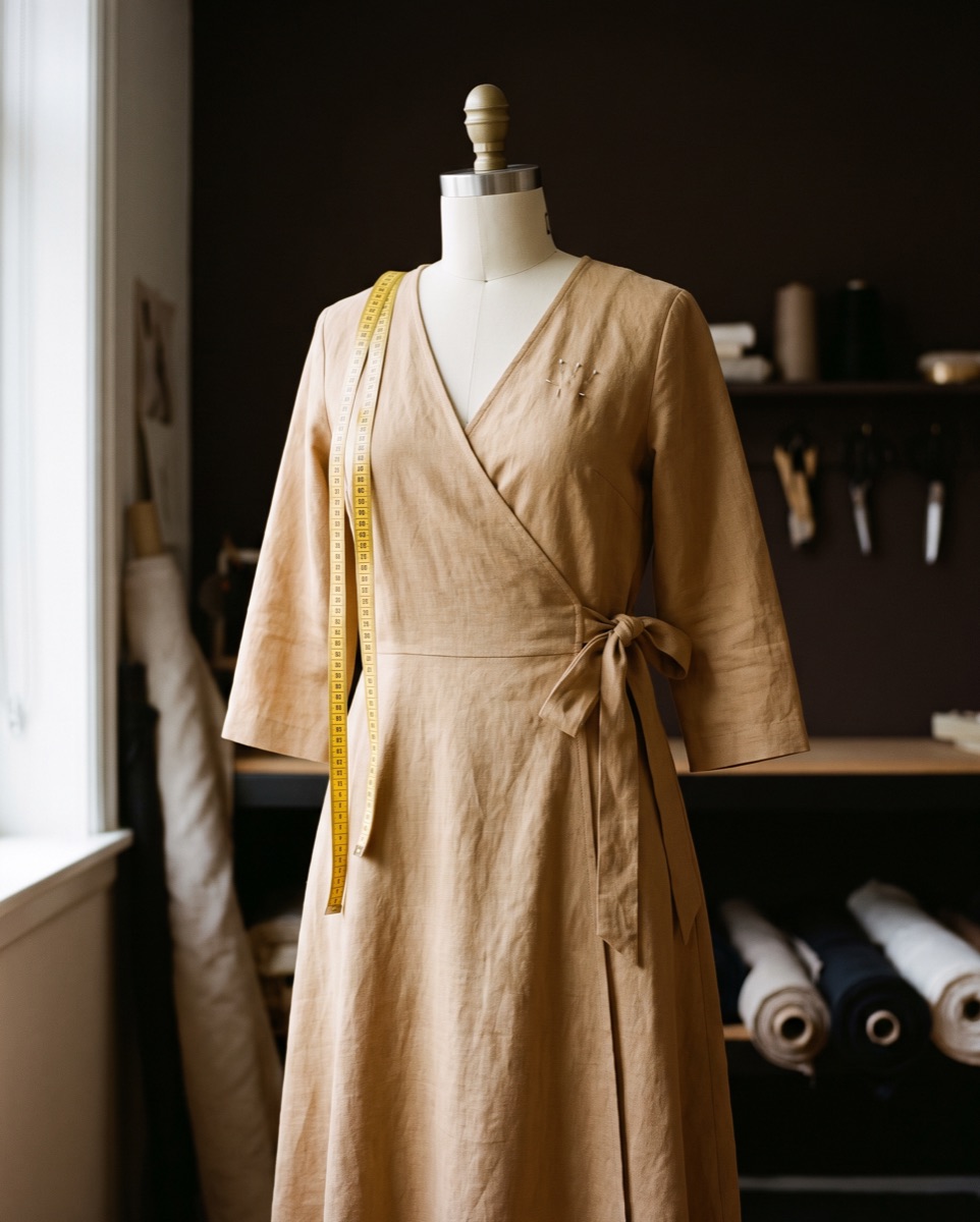 A linen wrap dress on a dress form, with correction codes C1, M1 and M2 pinned to the shoulder, bust and waist tie.
