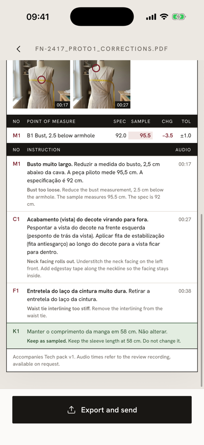 A correction sheet in Portuguese, with a measurement table and coded instructions M1, C1, F1 and K1, each with the English original below.